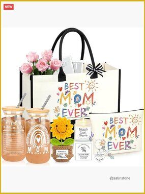 Mom Gift Basket Tote Bag Set with Tumbler Candle Keychain
